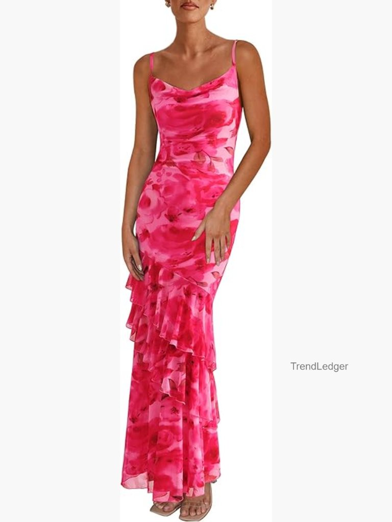 Tiered Floral Maxi Sundress Bodycon Spaghetti Strap Sleeveless Wedding Guest